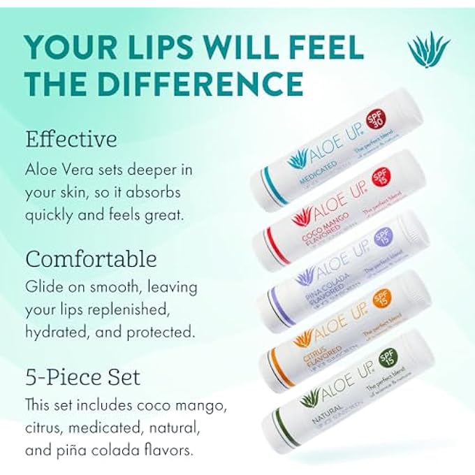 Aloe Up LIP ICE - LIP BALM 5-PACK - INCLUDES SPF 15 LIP BALMS AND AN SPF 30 MEDICATED LIP BALM - WITH NATURAL MOISTURIZING OILS AND HYDRATING ALOE VERA GEL - ALCOHOL-FREE - ASSORTED LIP CARE PACK - Image 2